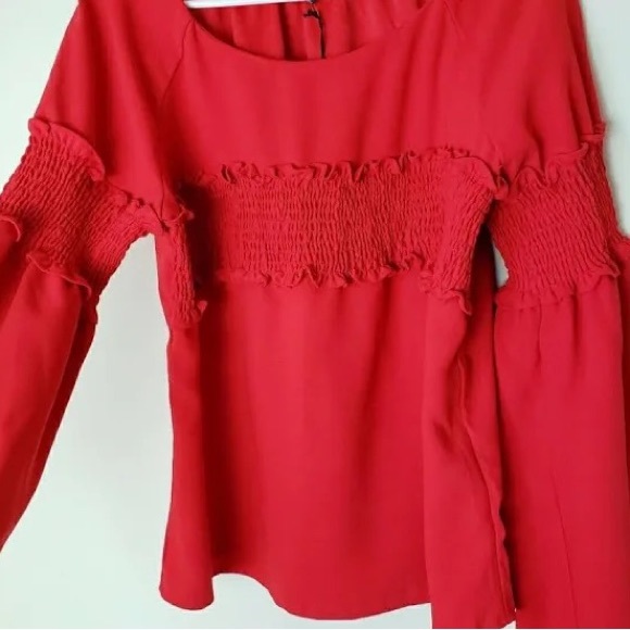 Amaryllis Apparel ruffled blouse Long Bell Sleeves solid Red Size Small - Picture 11 of 15